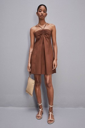 Patrizia Pepe Flared Mini Dress With Bare Shoulders Bruin | 7205AHSUK