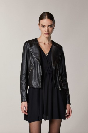 Patrizia Pepe Leather Biker Jacket With Top-stitching Zwart | 0697XCSZU