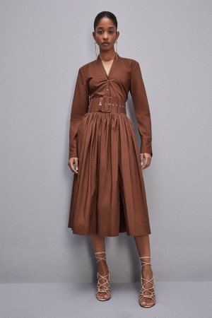 Patrizia Pepe Midi Flared Skirt With Belt Bruin | 6409QCXHM