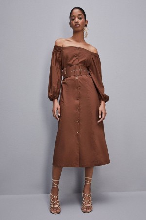 Patrizia Pepe Off-shoulder Dress With Belt Bruin | 8620FNIVM