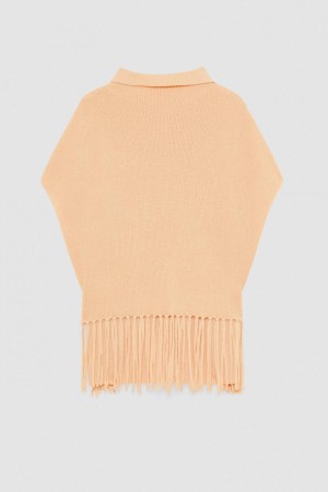 Patrizia Pepe Organic Wool Fringed Poncho Beige | 2968LFVUO