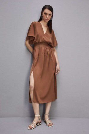 Patrizia Pepe Satin Dress With Smock Stitching Bruin | 3689NRTJW