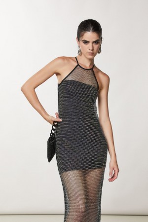 Patrizia Pepe Sleeveless Rhinestone Mesh Dress Zwart | 7362OBLHJ