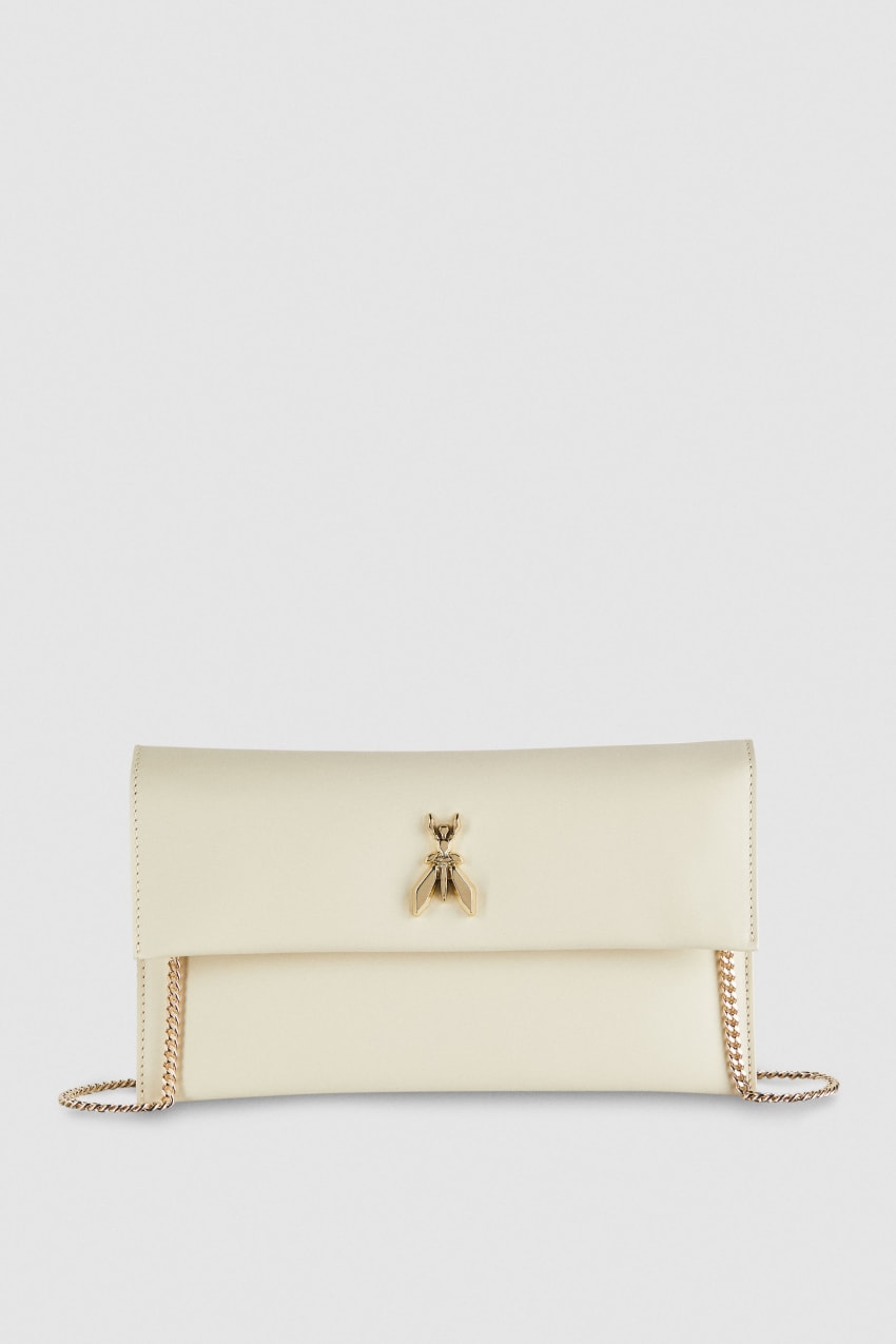 Patrizia Pepe Fly Leather Clutch Bag With Chain Beige | 0419MIUHJ