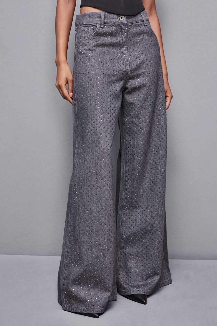 Patrizia Pepe Gray Wide Leg Low-waisted Jeans With Rhinestones Grijs | 3284AQTJD