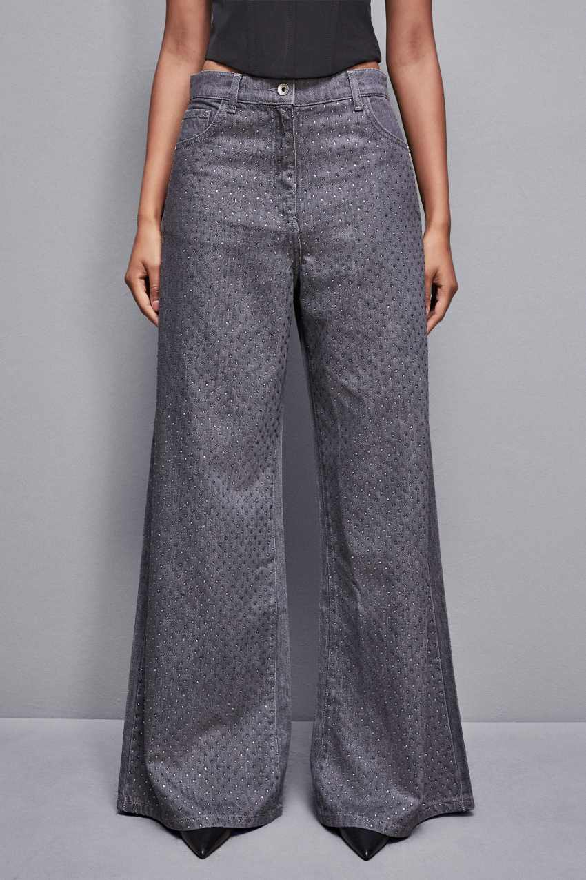 Patrizia Pepe Gray Wide Leg Low-waisted Jeans With Rhinestones Grijs | 3284AQTJD