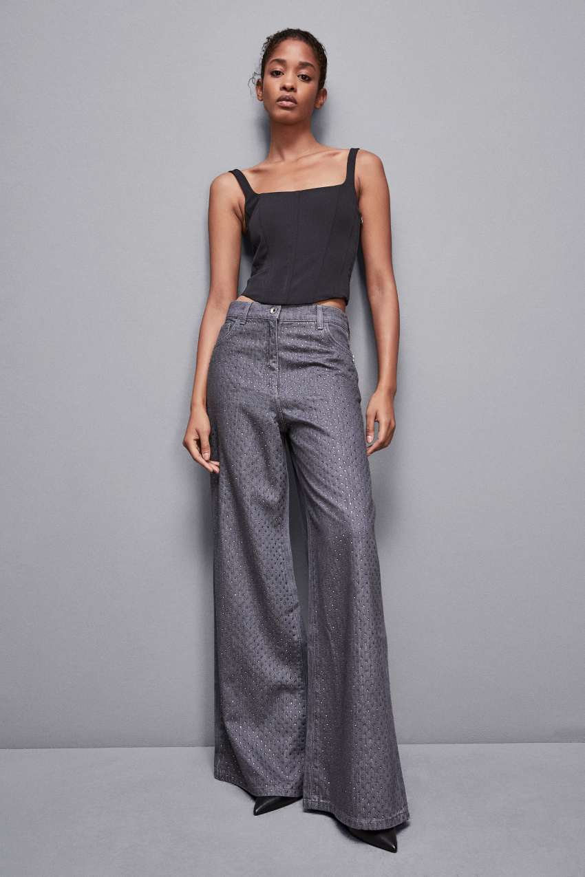 Patrizia Pepe Gray Wide Leg Low-waisted Jeans With Rhinestones Grijs | 3284AQTJD