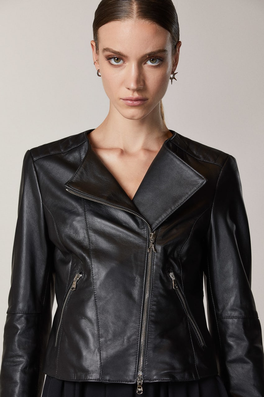 Patrizia Pepe Leather Biker Jacket With Top-stitching Zwart | 0697XCSZU