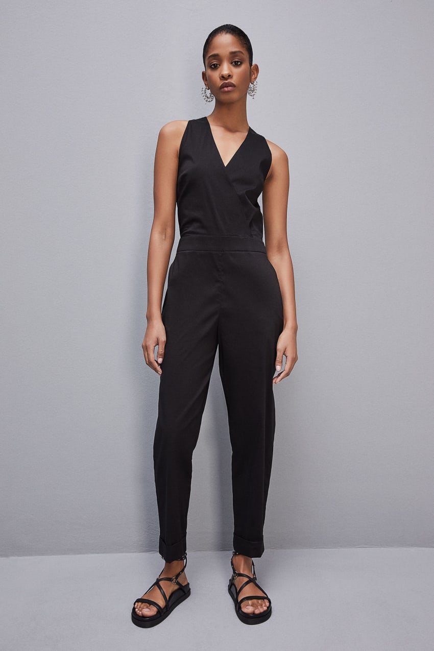 Patrizia Pepe Long Jumpsuit In Stretch Cotton-blend Poplin Zwart | 2657PQOFN