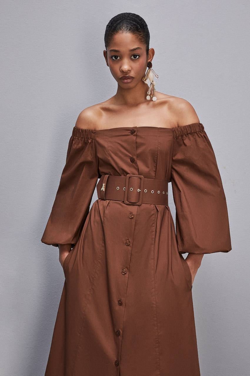 Patrizia Pepe Off-shoulder Dress With Belt Bruin | 8620FNIVM