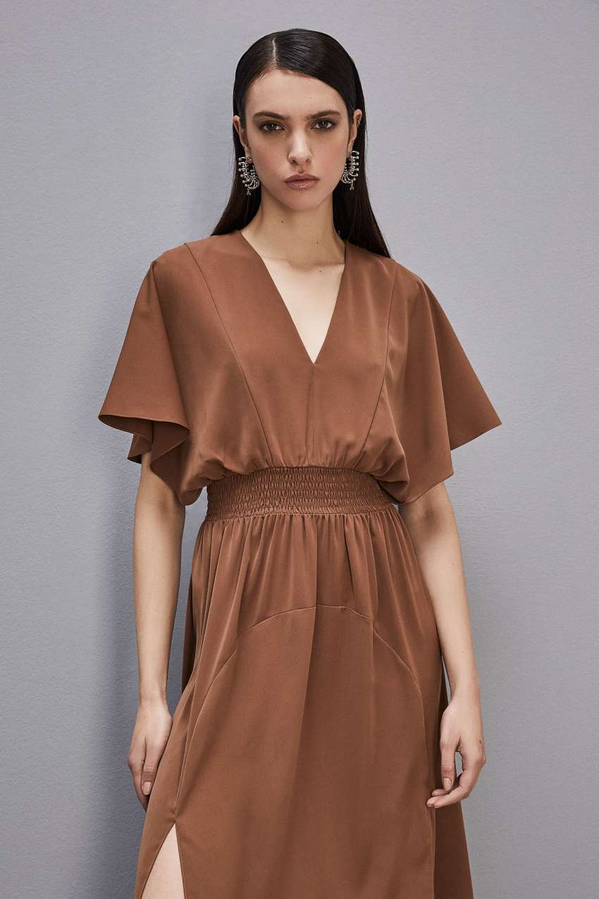 Patrizia Pepe Satin Dress With Smock Stitching Bruin | 3689NRTJW