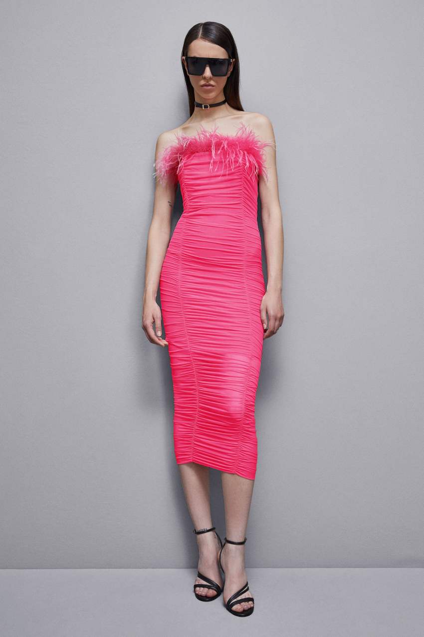 Patrizia Pepe Tulle And Jersey Midi Dress With Feathers Roze | 7902IYKUC