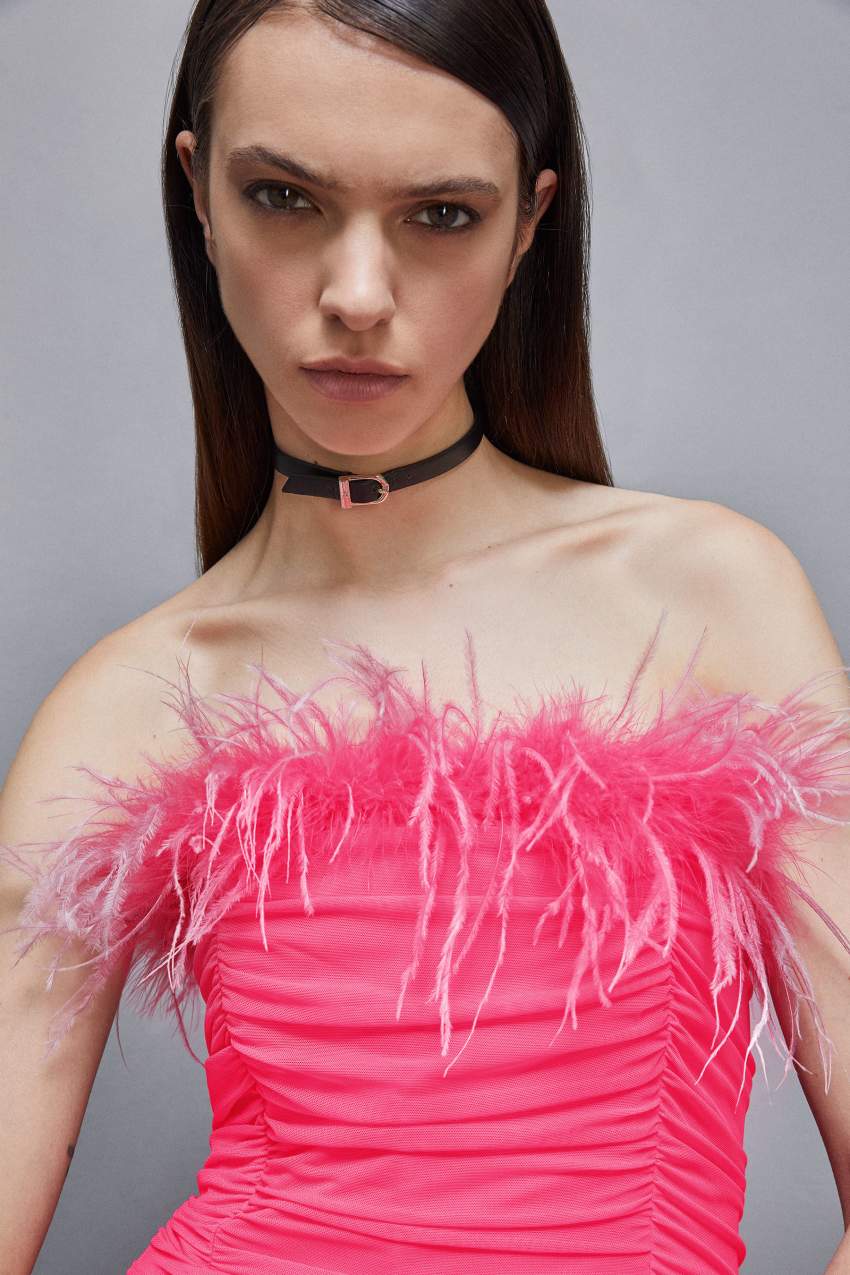 Patrizia Pepe Tulle And Jersey Midi Dress With Feathers Roze | 7902IYKUC