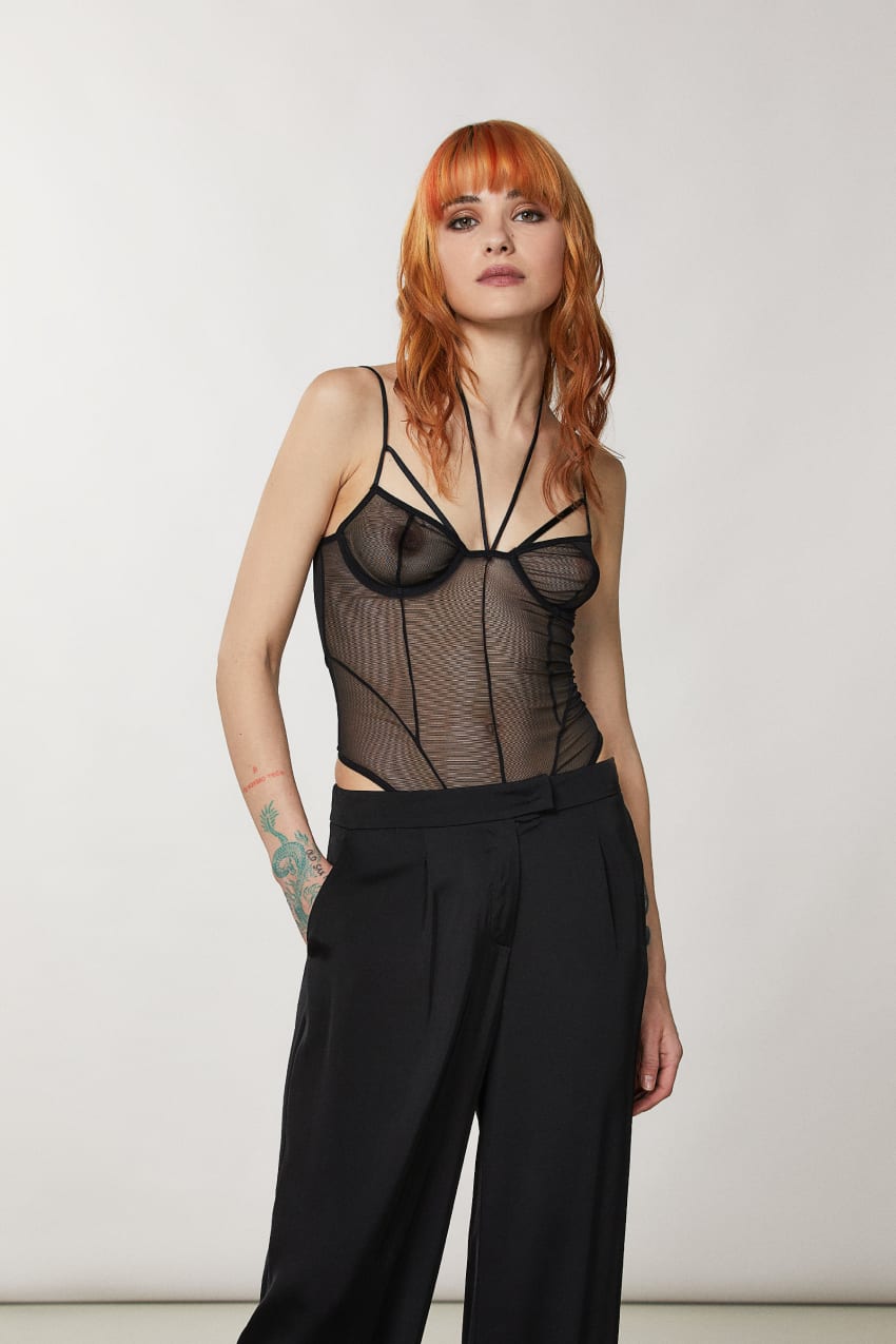 Patrizia Pepe Tulle Bodysuit Zwart | 7382WGPMB